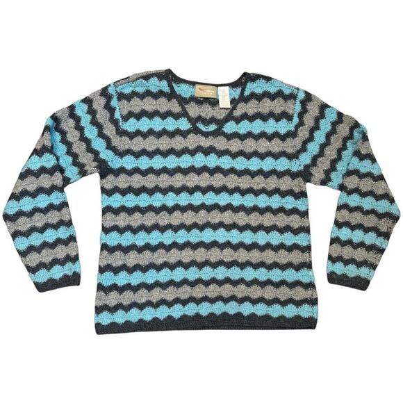 VTG Liz Claiborne Blue Silver Lurex Chevron Multi Wool Blend Knit Sweater S - Picture 1 of 4